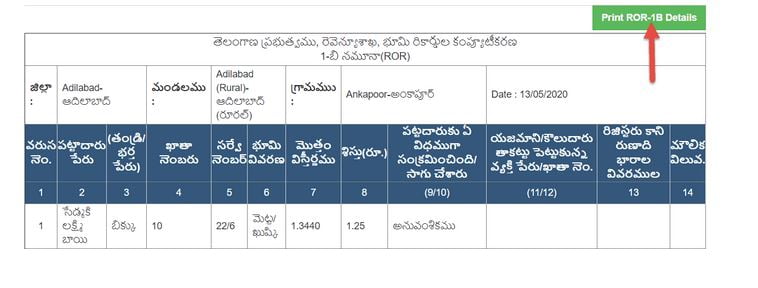 Maa Bhoomi Telangana Bhulekh Land Records Adangal ROR 1B 